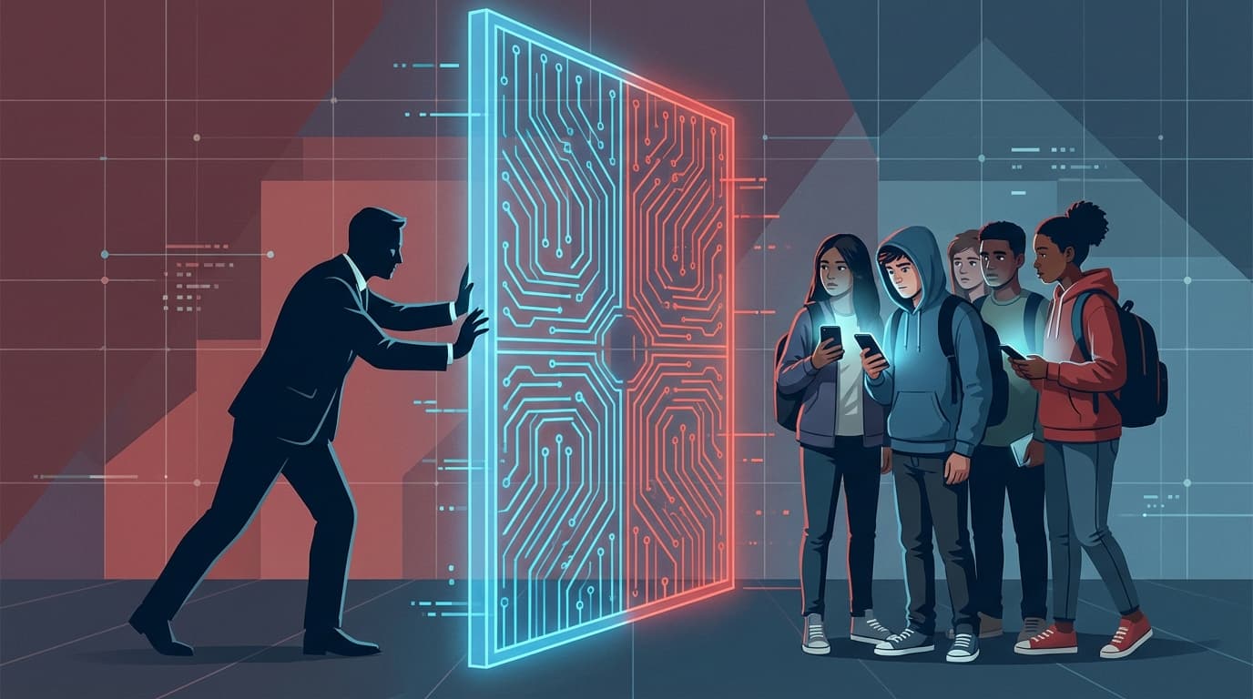 A conceptual illustration of a large digital gate being closed by a silhouette of a government offic