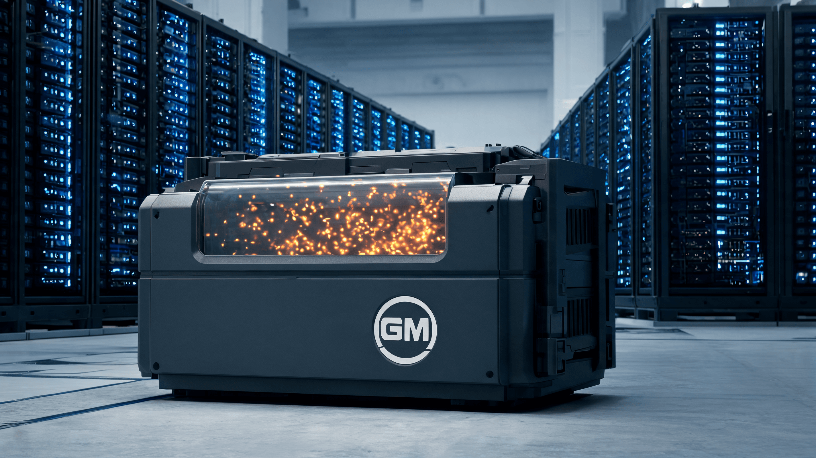 A conceptual, high-tech industrial setting featuring a GM-branded battery storage unit with internal