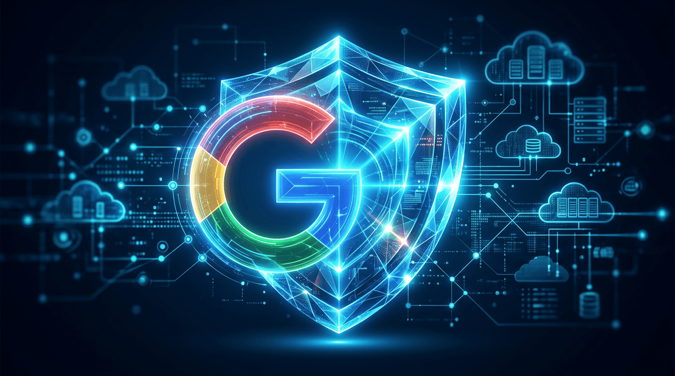 A futuristic digital visualization of Google's logo merging with a complex, glowing crystalline shie