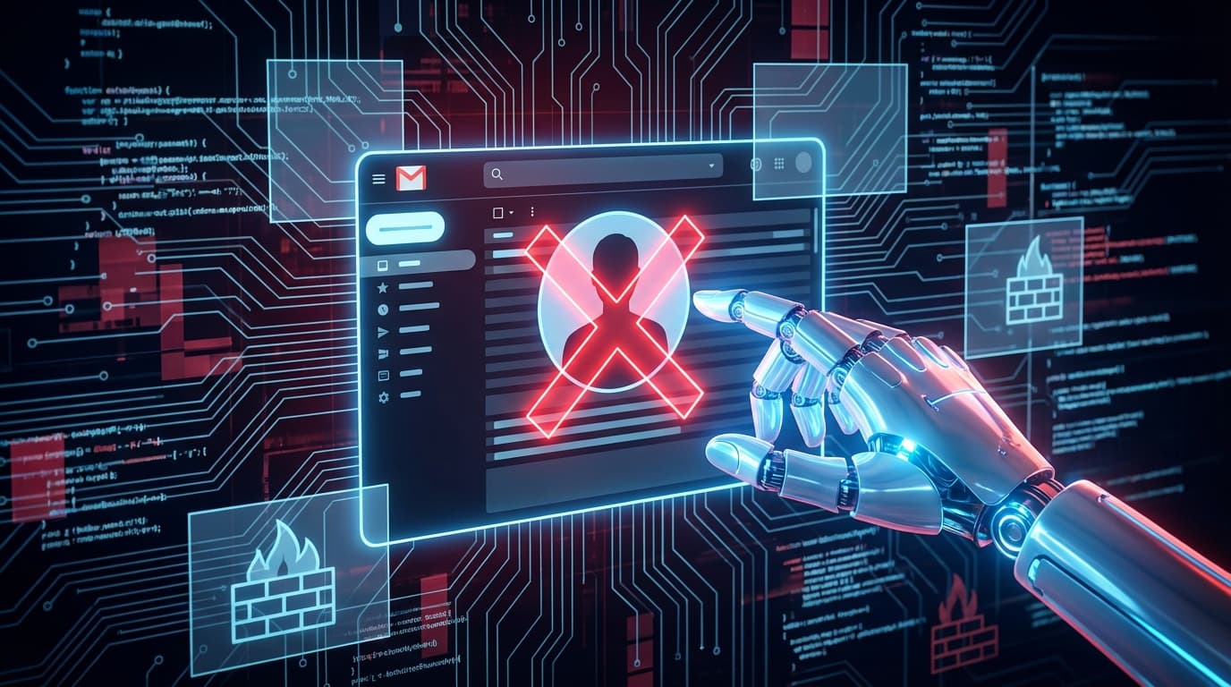 A stylized illustration of a robotic hand (representing OpenClaw) reaching into a glowing Gmail inbo