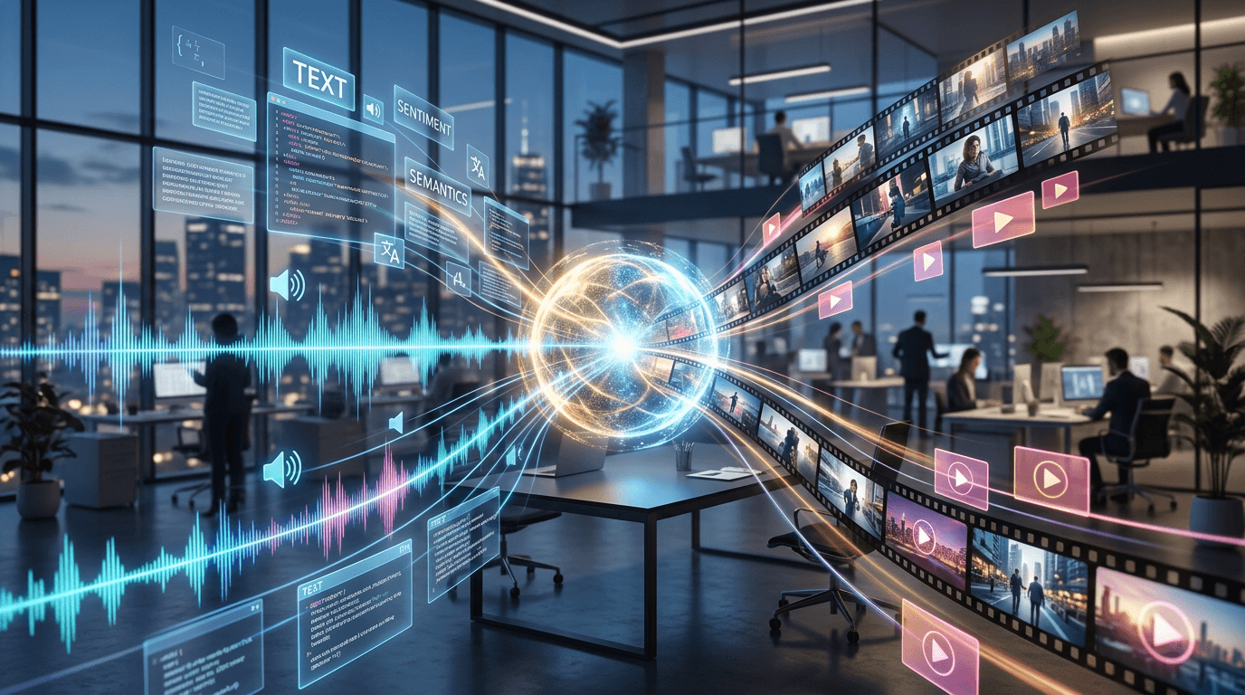 An abstract 3D visualization of different data types (text blocks, audio waves, video frames) flowin