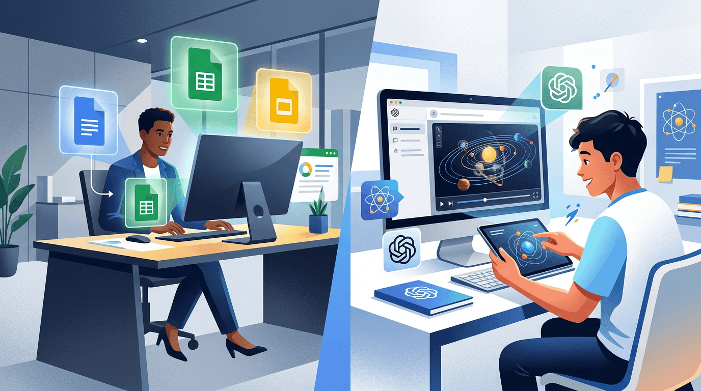 A modern split-screen illustration showing a professional working with seamlessly integrated Google