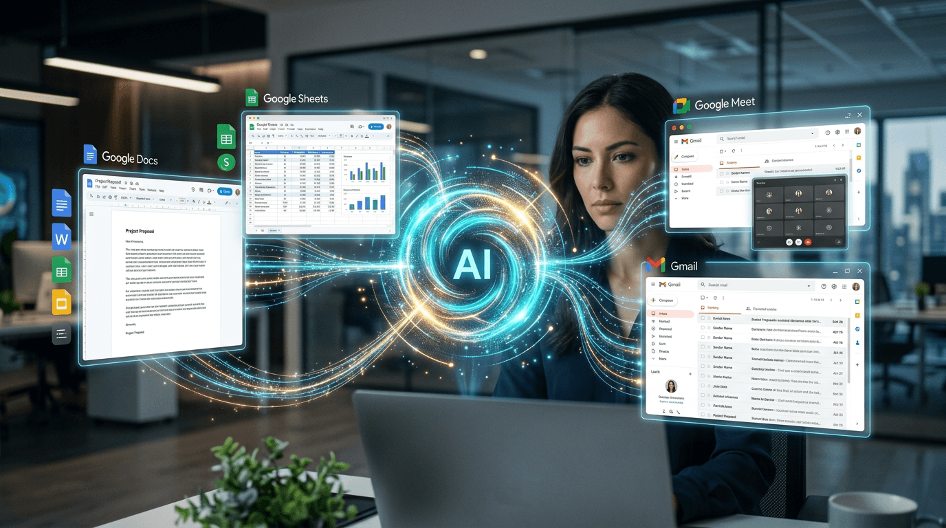 A modern digital workspace interface showing a central glowing AI orb connecting interconnected floa
