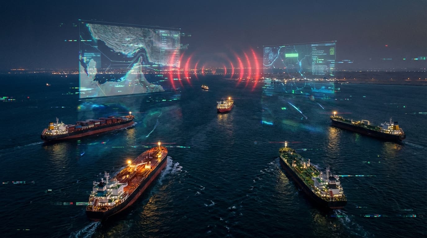 A cinematic high-angle view of the Strait of Hormuz with several large cargo ships navigating throug