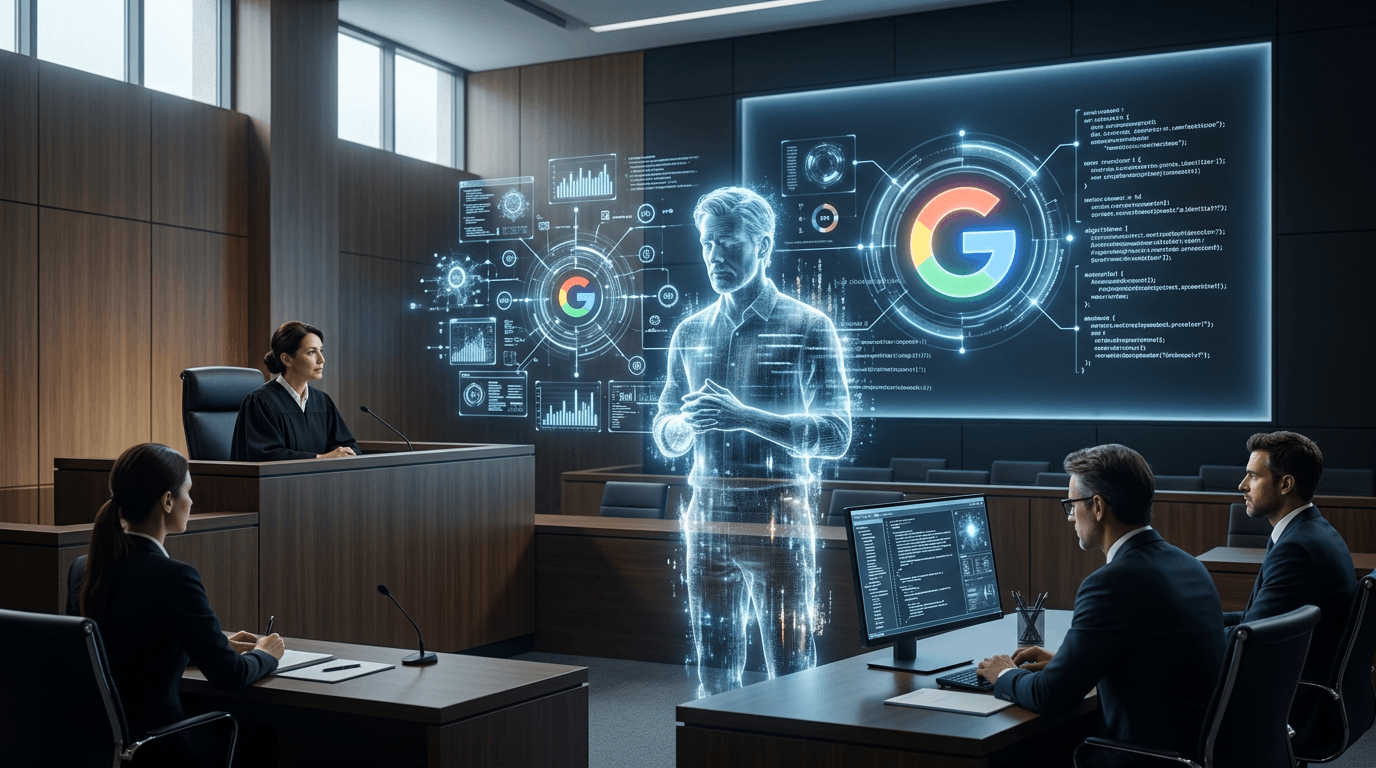 A courtroom scene where a digital ghostly figure representing a writer is being analyzed by a glowin