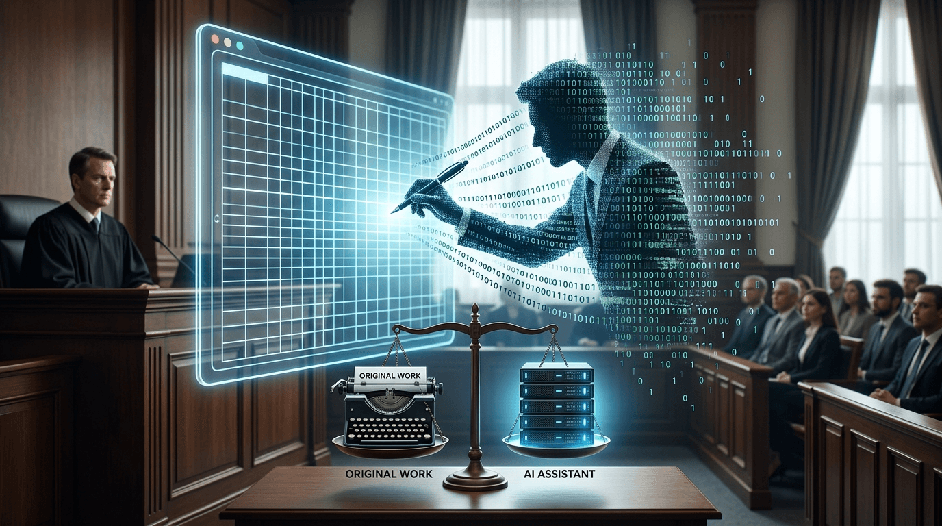 A courtroom setting where a digital silhouette of a human writer is being fragmented into binary cod