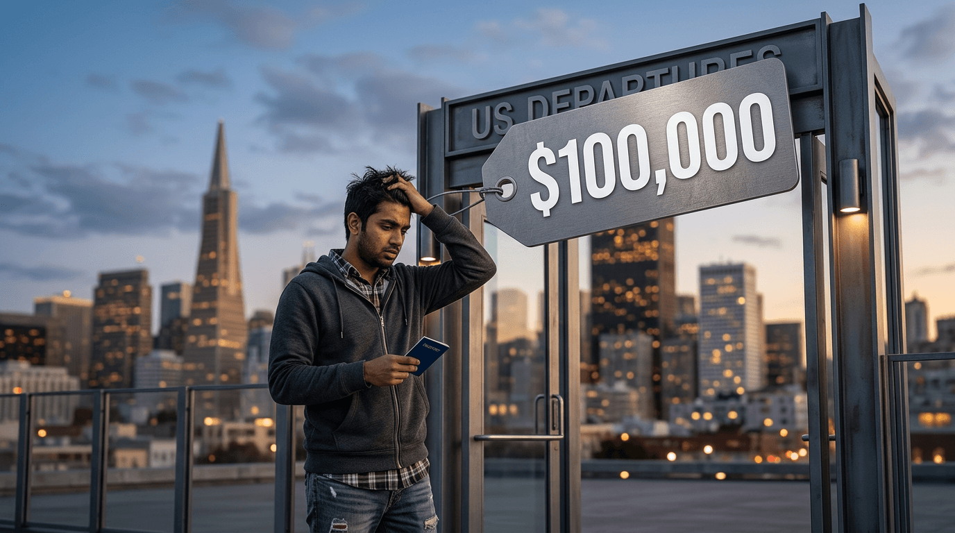 A distressed software engineer holding a passport standing in front of a giant $100,000 price tag co