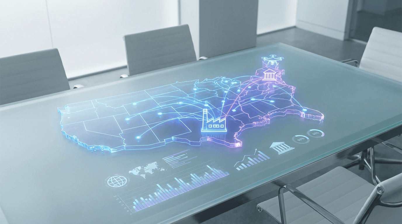 A 3D map of the world with glowing supply chain lines connecting a Mac Mini factory in Texas to a dr