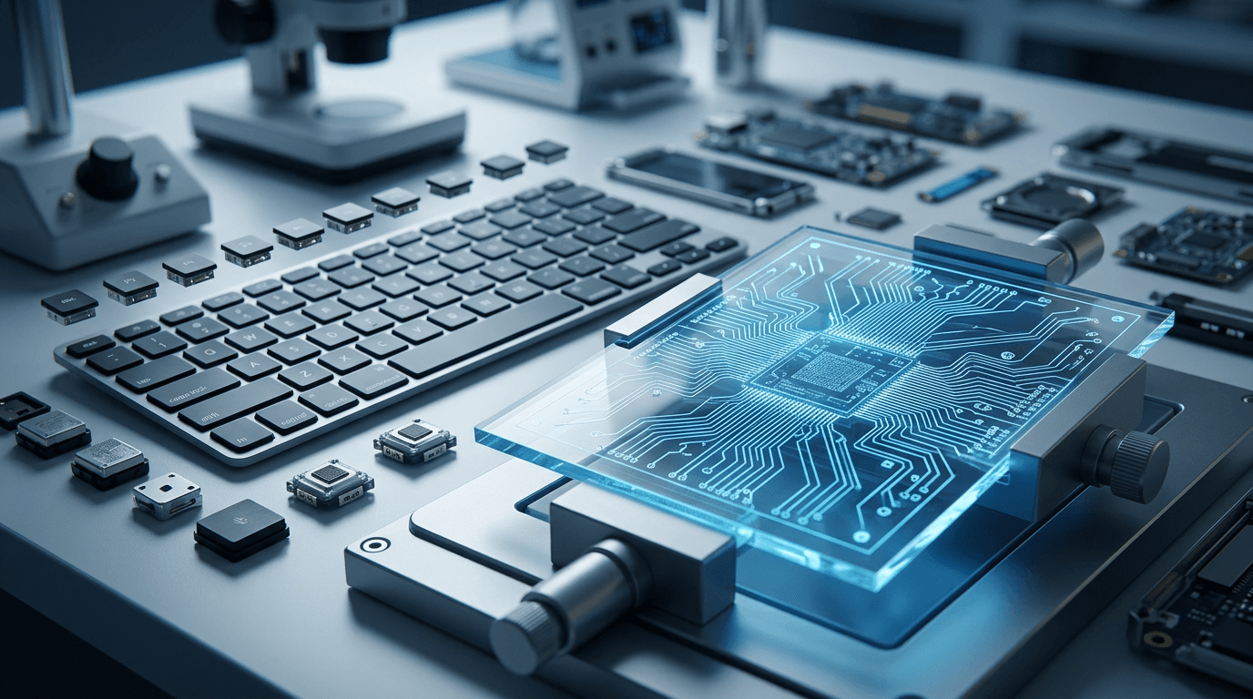 A macro shot of a futuristic translucent glass semiconductor substrate glowing with blue circuits, w