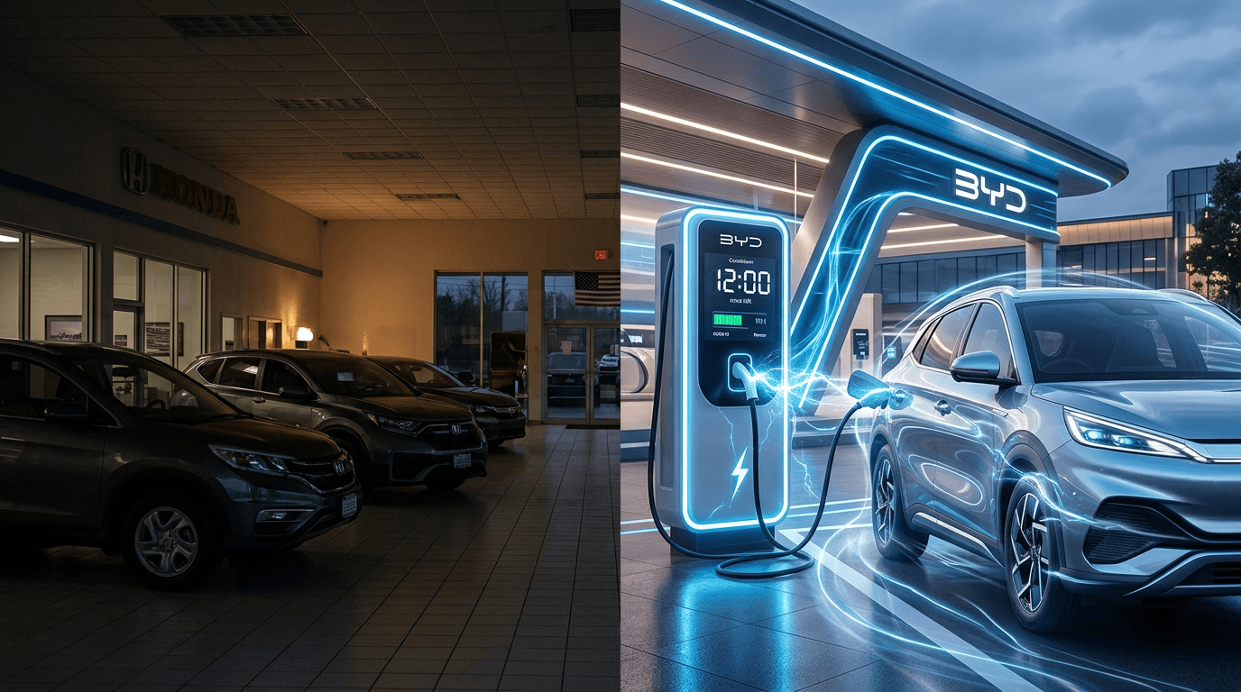 A side-by-side comparison image: on one side, a dark, quiet Honda showroom in the US; on the other,