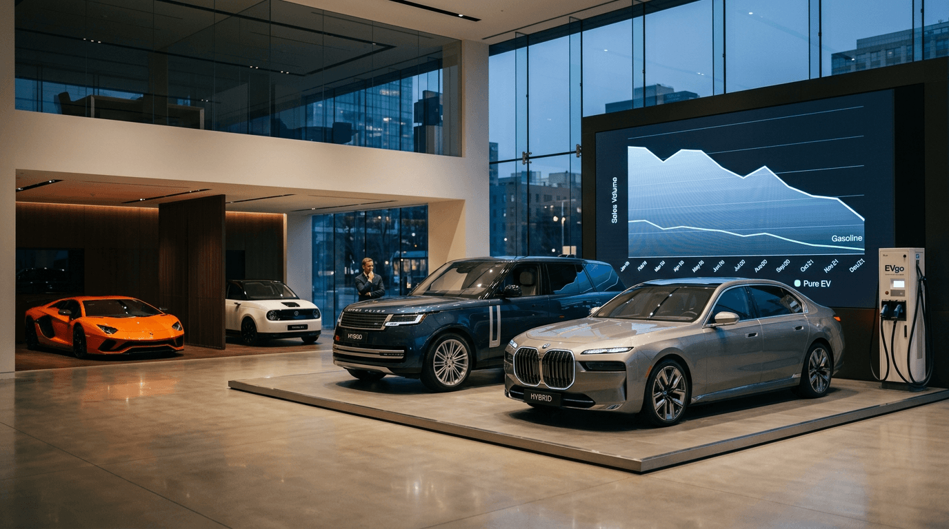 A luxury car showroom where a sleek Lamborghini and a Honda EV are being replaced or shadowed by hyb