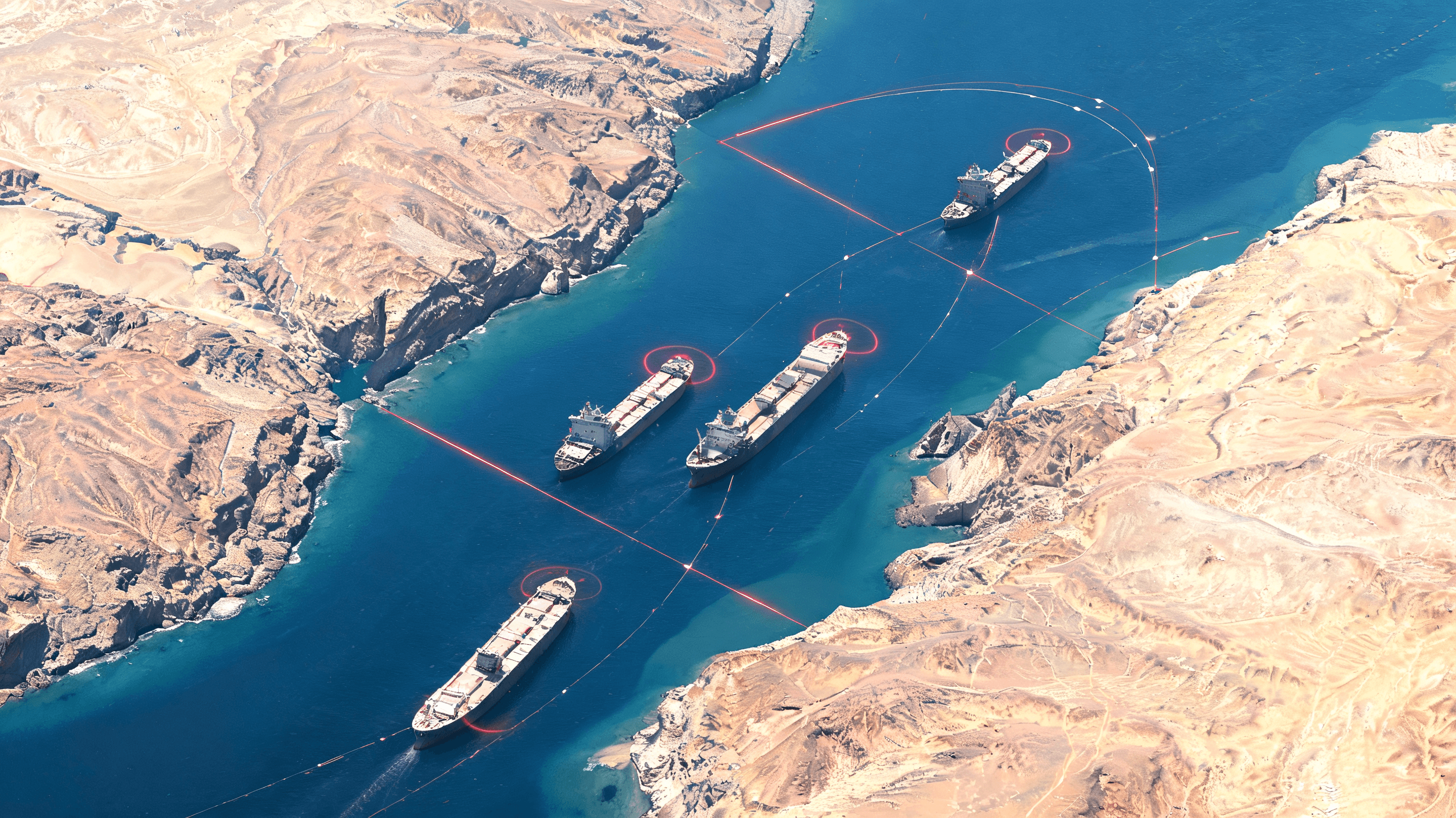 A tactical satellite view of the Strait of Hormuz, showing oil tankers navigating a narrow waterway