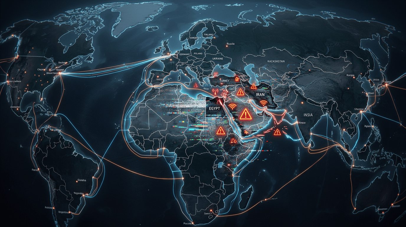 A world map overlayed with static and digital distortion patterns centered on the Middle East, with