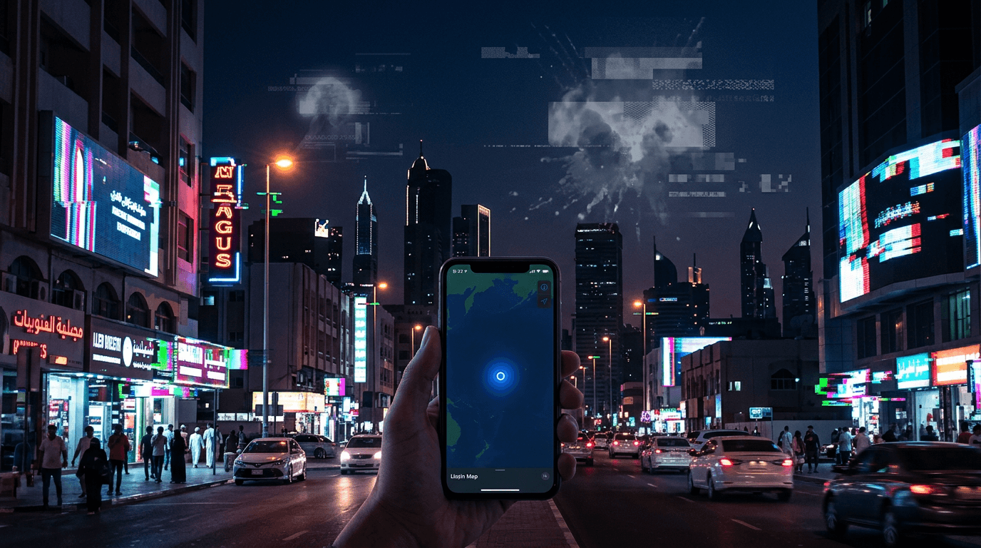 A night scene of a Middle Eastern city where streetlights and digital screens are glitching. A perso