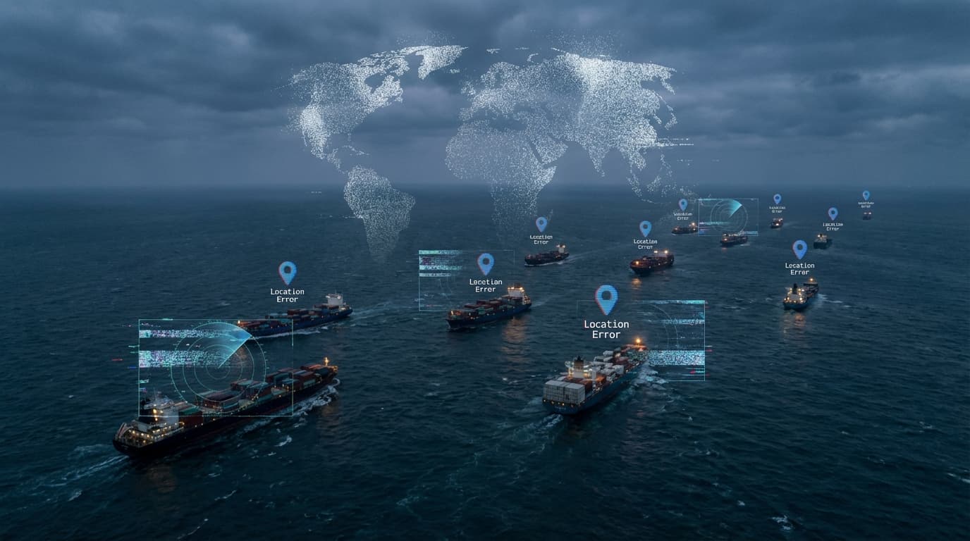 A cinematic bird's-eye view of a dark sea where a line of cargo ships is sailing in disorganized pat