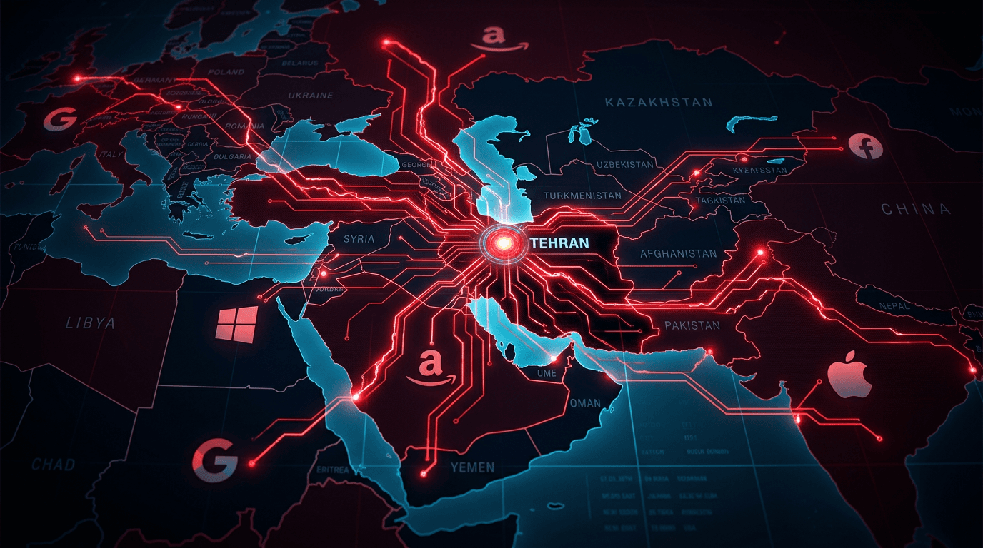 A dark map of the Middle East with glowing red circuit lines pulsating from Tehran toward global cor