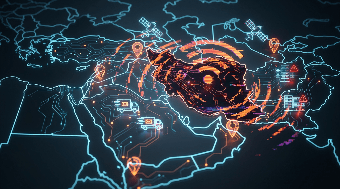 A digital map of the Middle East with glitchy, distorted signal waves emanating from Iran, disruptin
