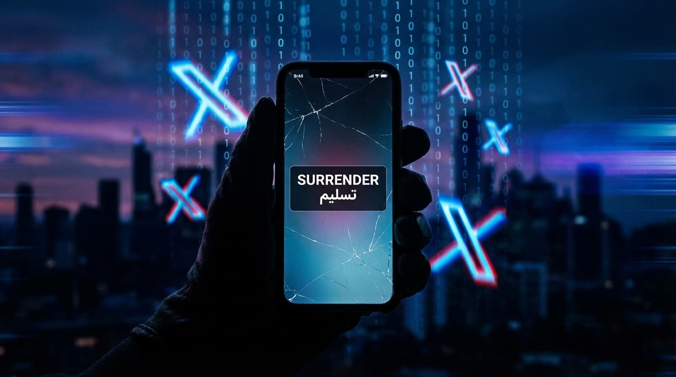 A dark silhouette of a hand holding a smartphone, where the screen shows a 'SURRENDER' notification