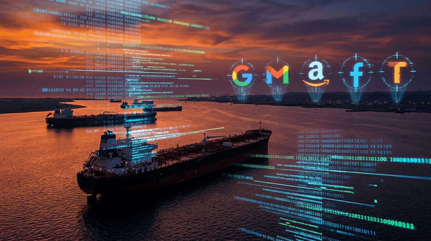 A dramatic composite image showing the Strait of Hormuz at sunset with massive oil tankers standing