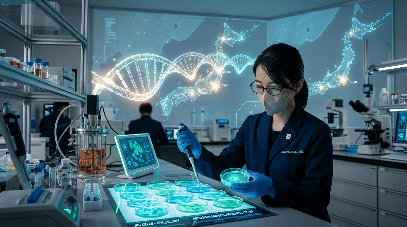 A futuristic laboratory scene in Japan showing a scientist examining glowing petri dishes of reprogr