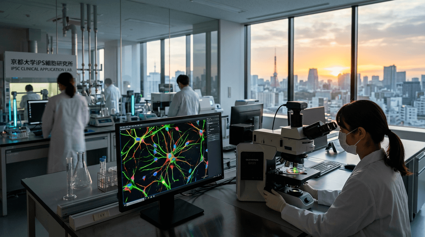 A microscopic view of glowing, healthy iPSC-derived cells, beautifully arranged and ready for clinic