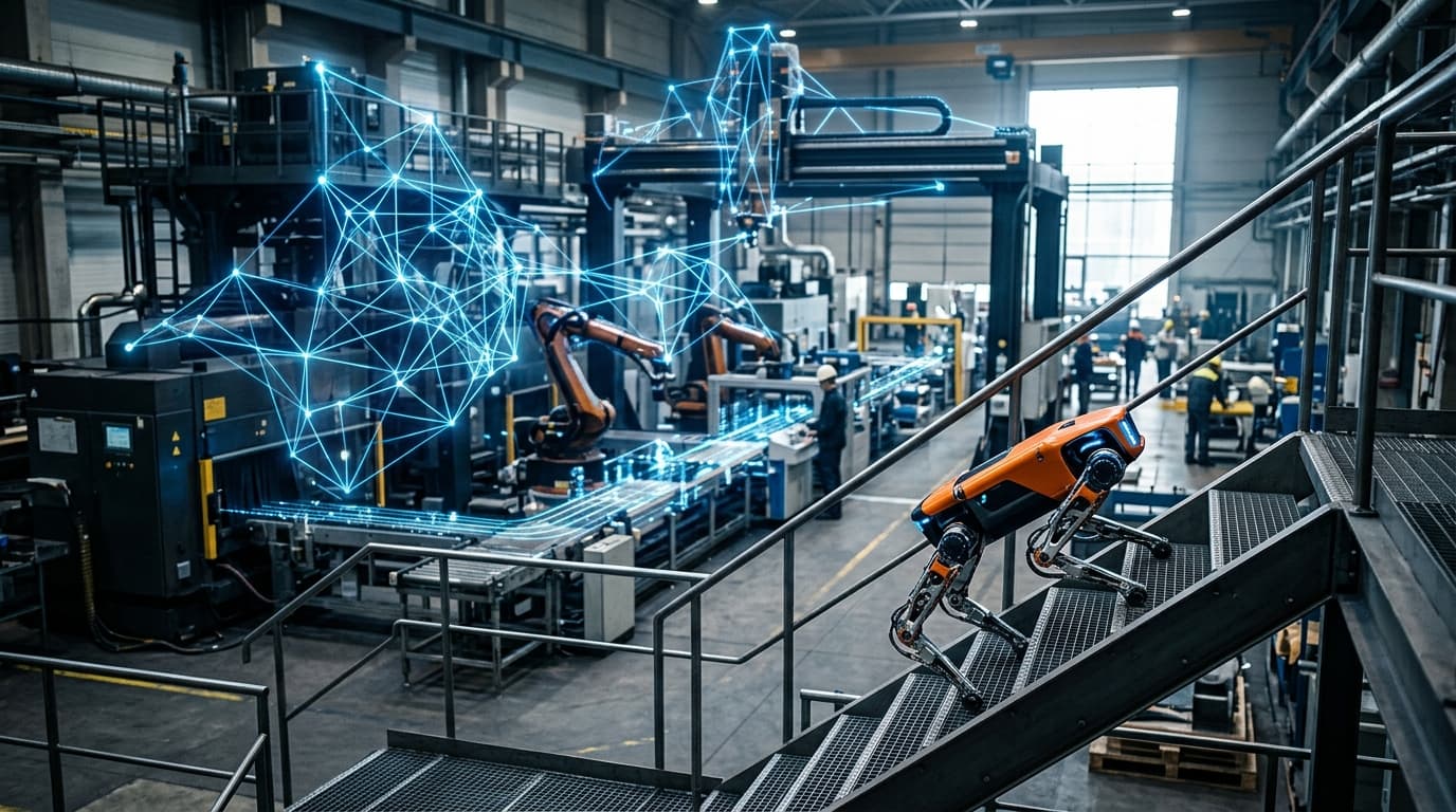 A futuristic factory floor where glowing blue AI neural networks are overlaid on heavy industrial ma