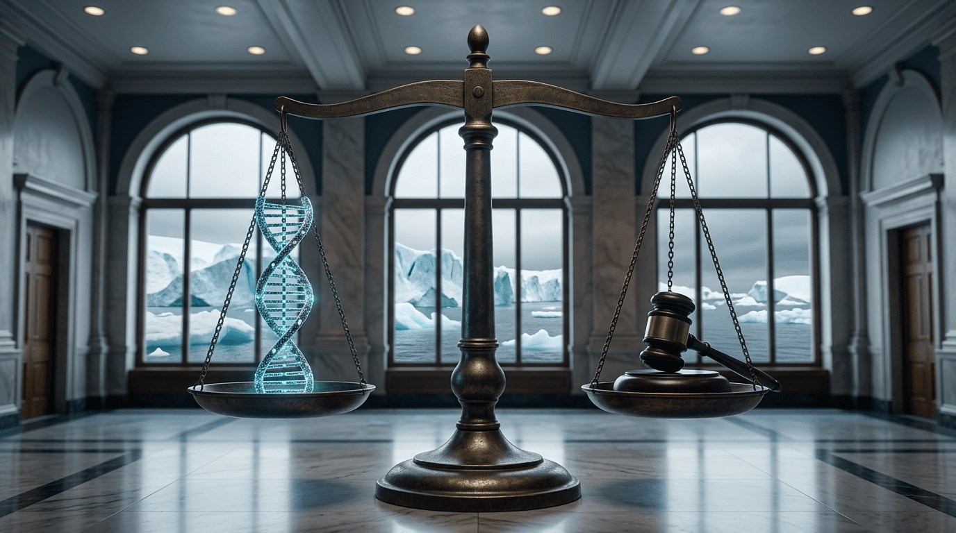 A conceptual image of a massive scale balancing a DNA helix on one side and a political gavel on the