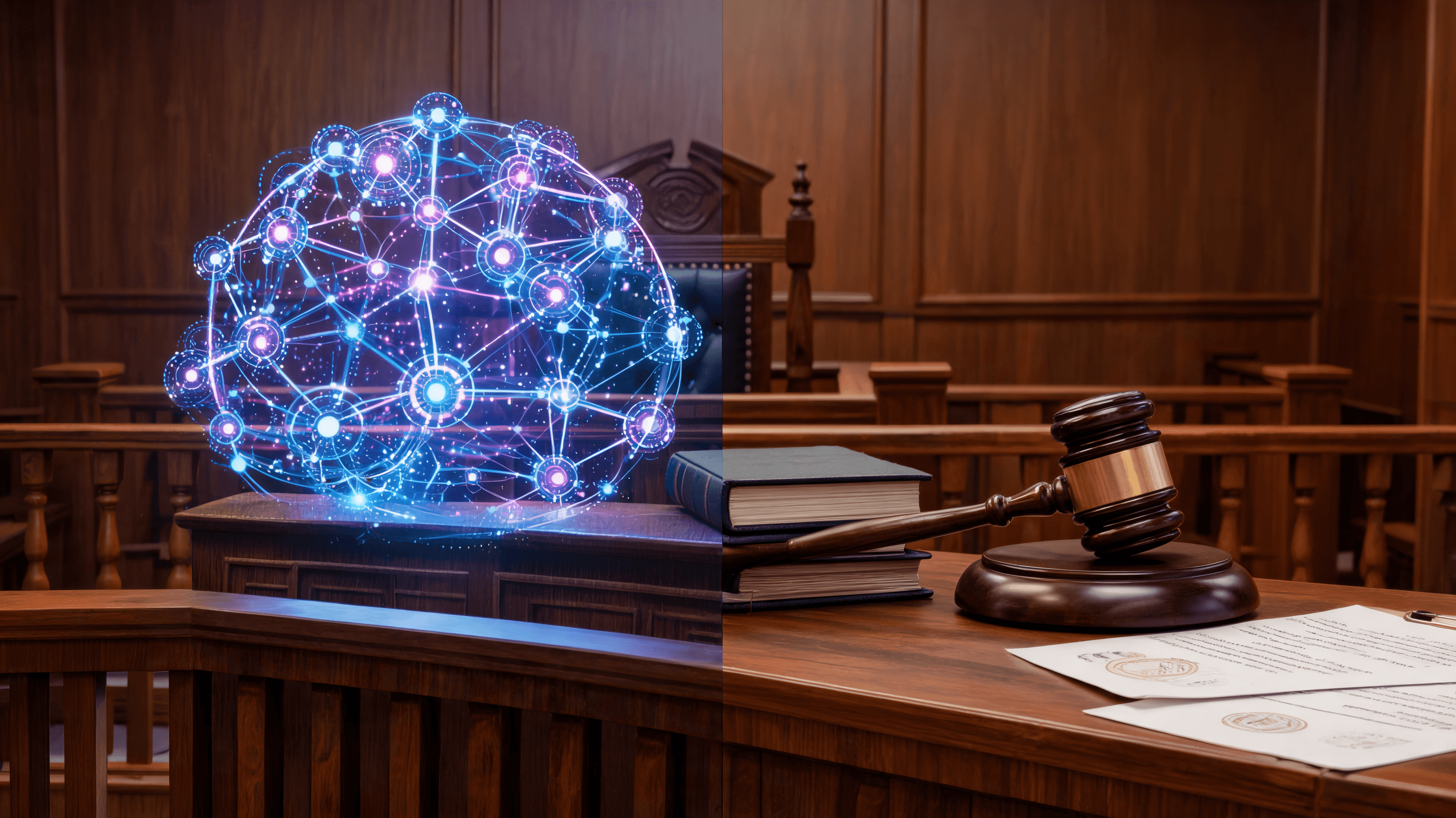 A courtroom scene, split down the middle: on one side, futuristic glowing neural network graphics re