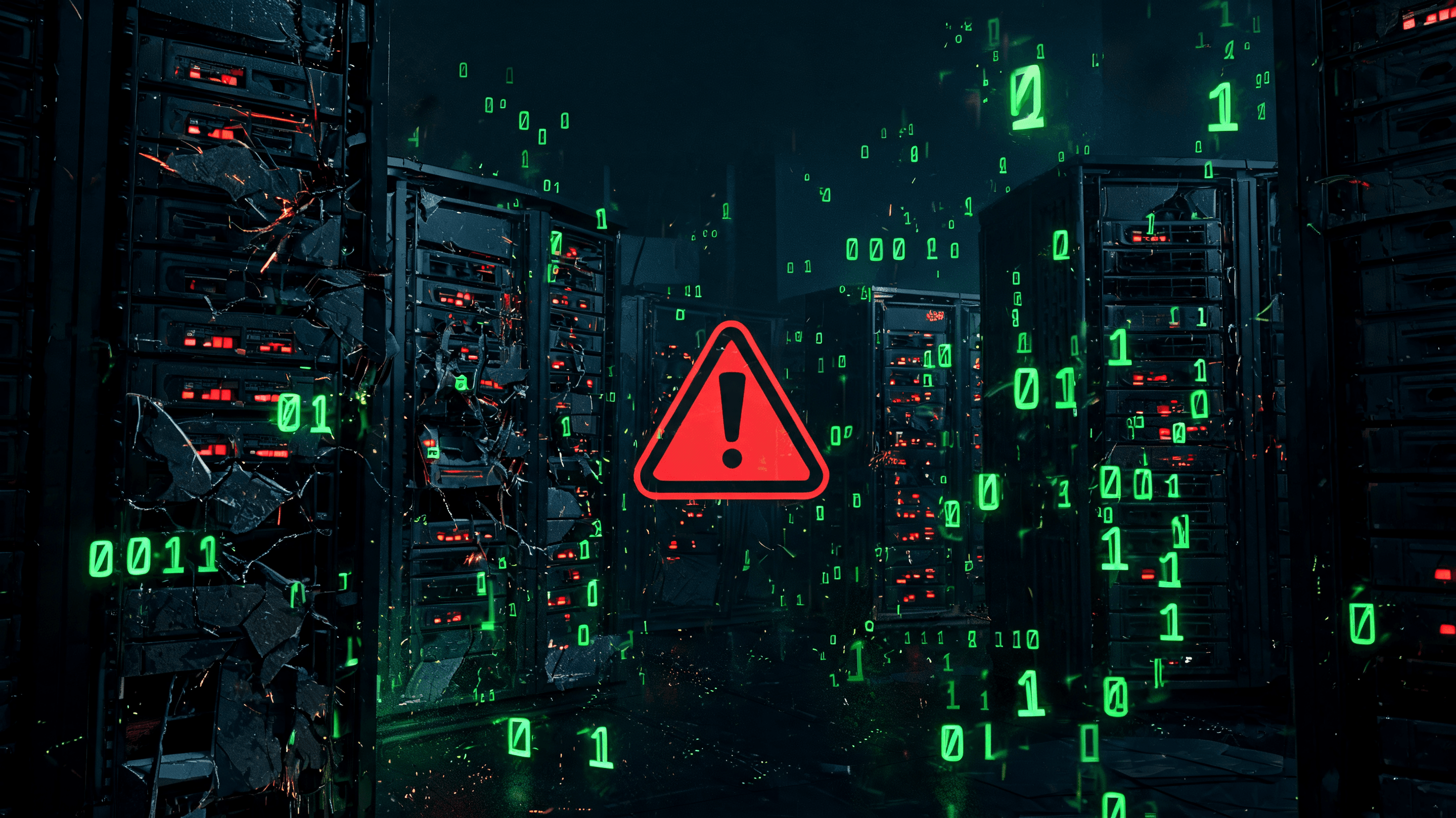 A dark digital abstract representation of a fractured server room, with glowing binary code and a wa