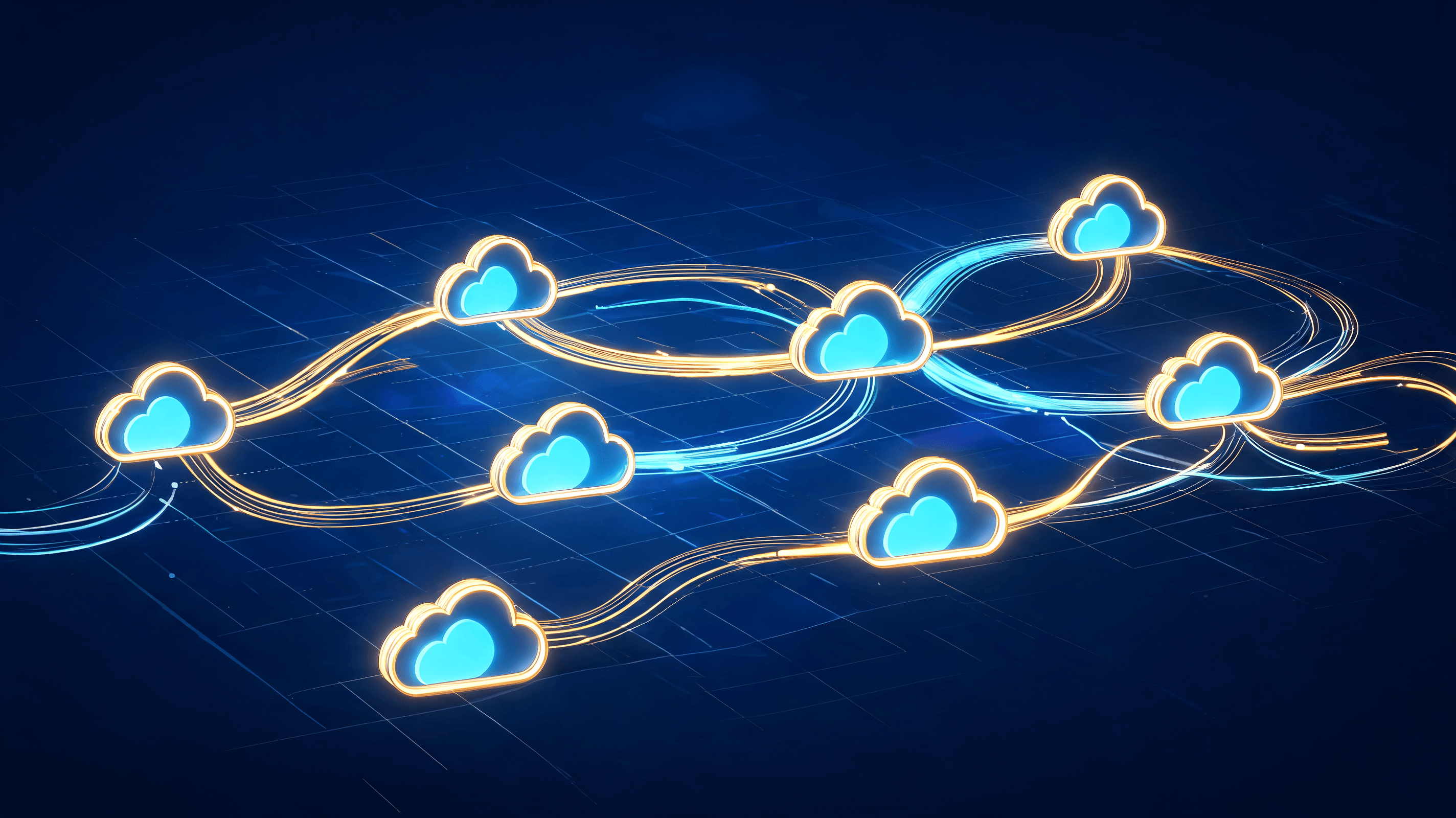 A abstract, high-tech visualization of cloud computing nodes connecting together, with bright gold a