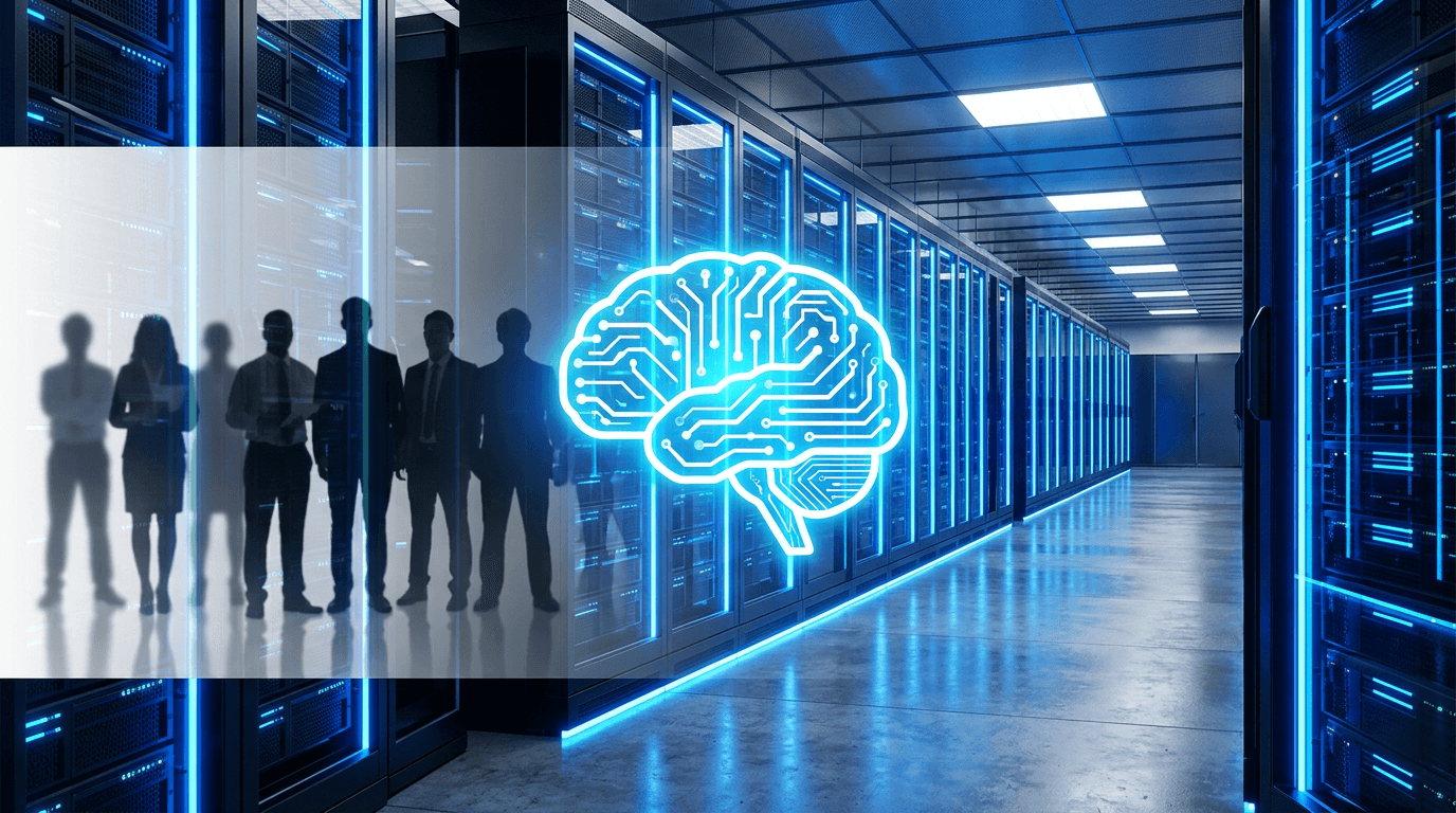 A futuristic data center corridor with rows of blue-lit server racks, contrasted with a large transl