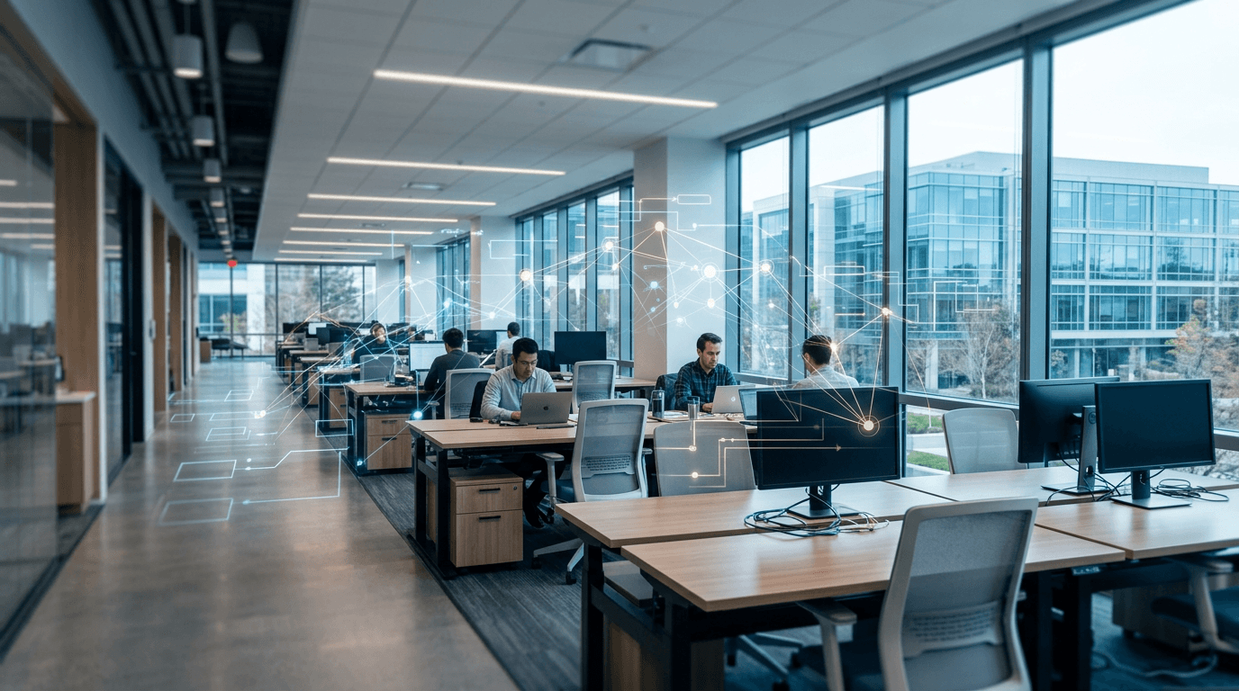 A modern tech office with a digital overlay of glowing AI neural networks and data streams, while so