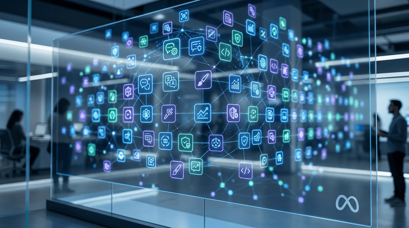 A futuristic digital directory interface showing hundreds of glowing icons representing AI agents, w