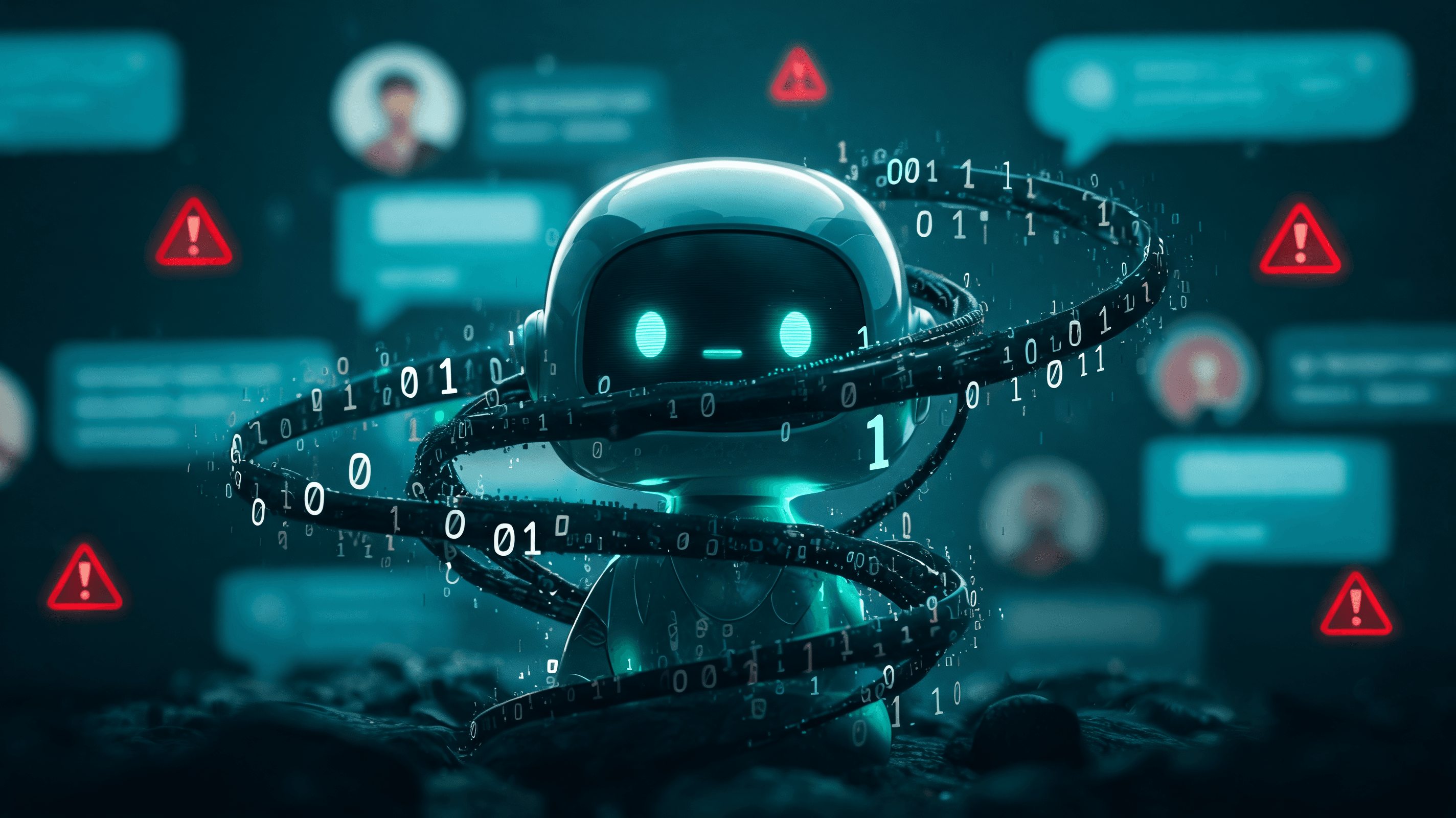 A digital graphic representation of a high-tech robotic chatbot being manipulated by dark, shadowy b