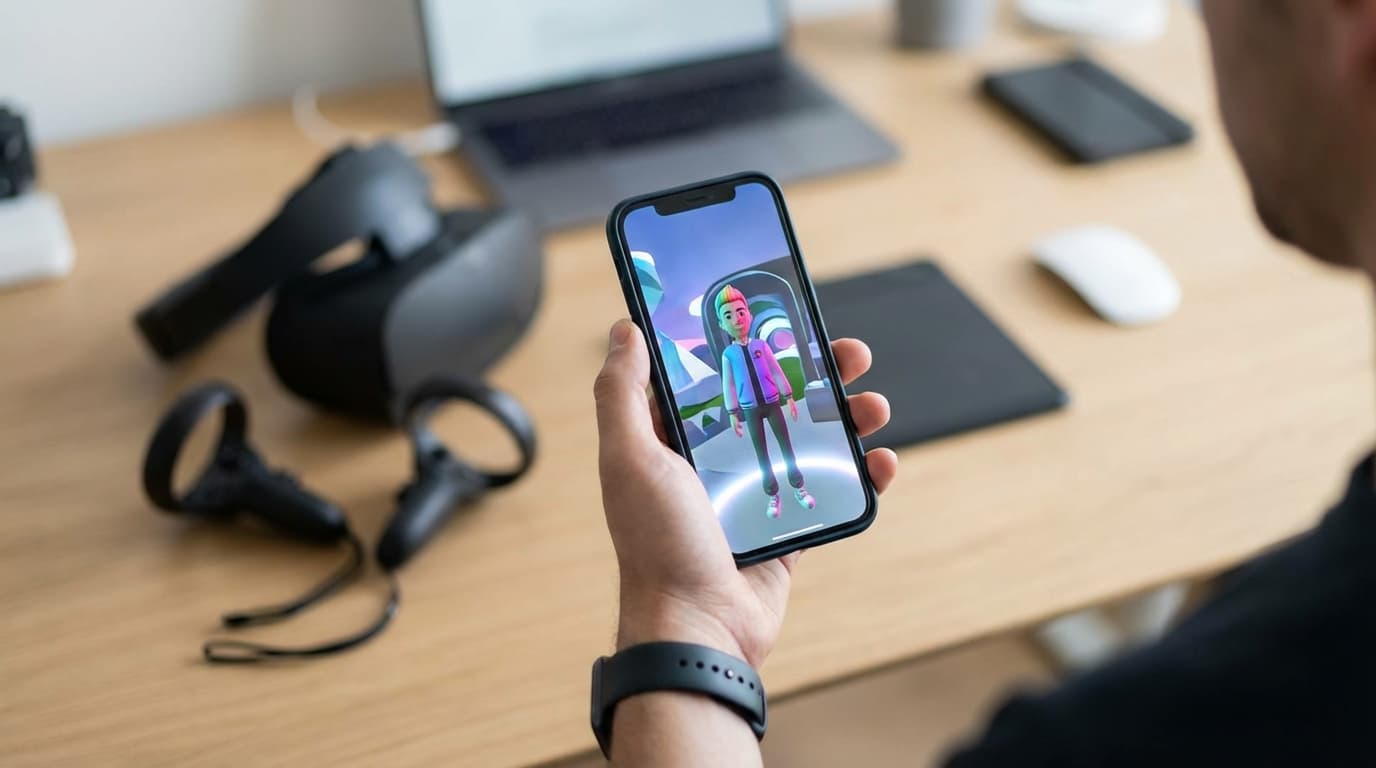 A hand holding a smartphone showing a colorful 3D avatar in Horizon Worlds, with a VR headset lying