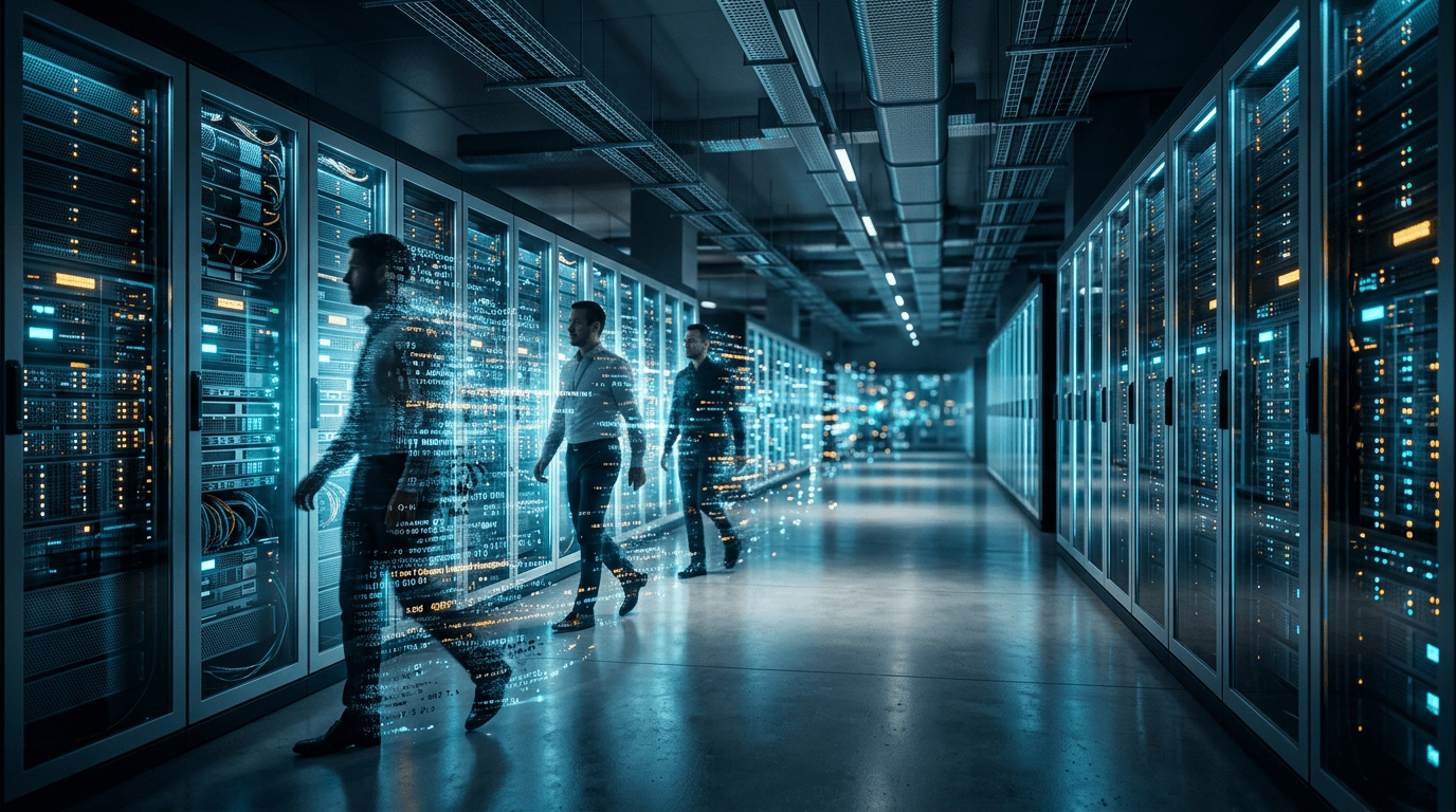 A futuristic data center corridor with rows of glowing AI server racks, where human silhouettes are