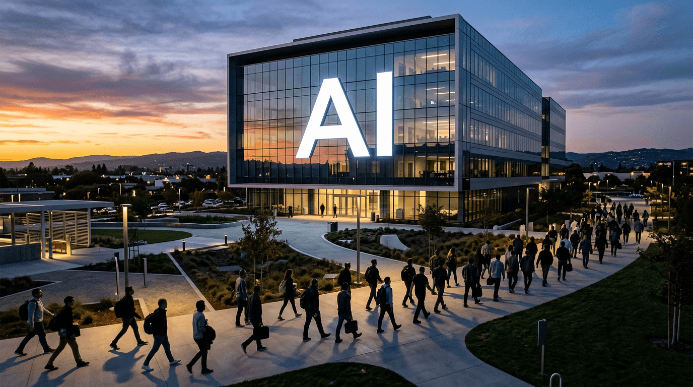 A modern, minimalist corporate office building with a giant glowing 'AI' logo on its facade, with sh