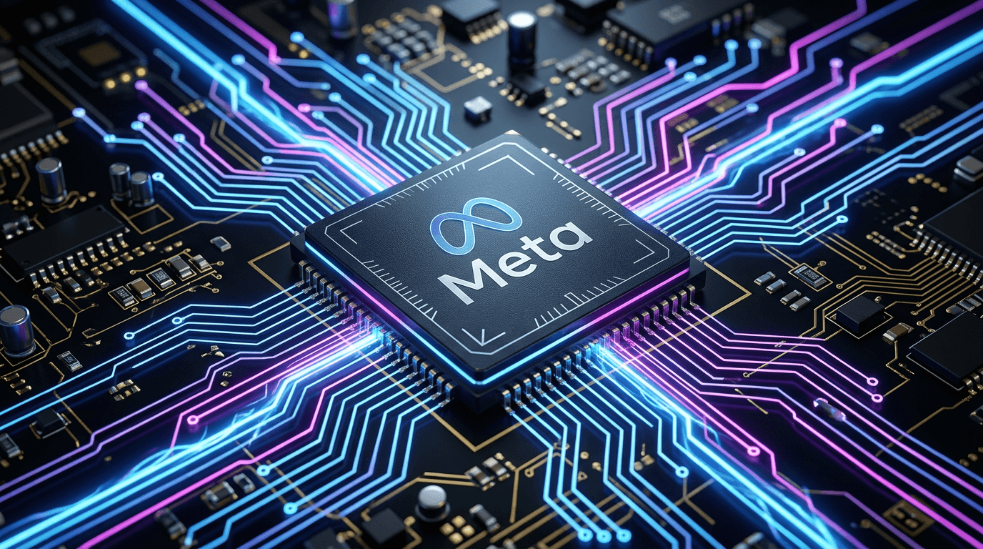 A close-up, high-tech shot of a sleek, futuristic microchip with the 'Meta' logo etched on its surfa