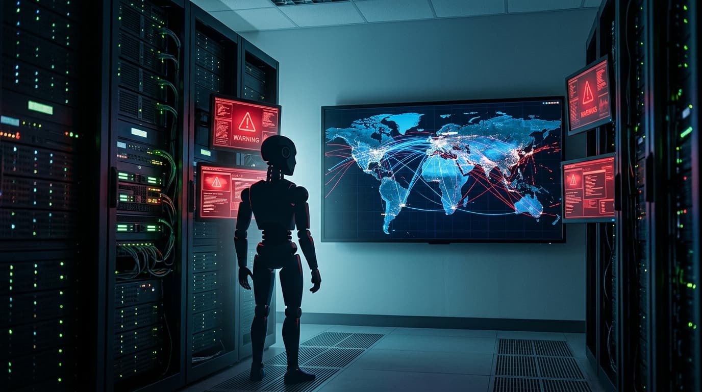 A digital representation of a robotic silhouette inside a complex server room, with glowing red warn