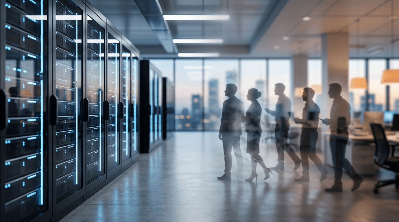 A futuristic data center corridor with rows of glowing AI servers, transitioning into a blurred corp