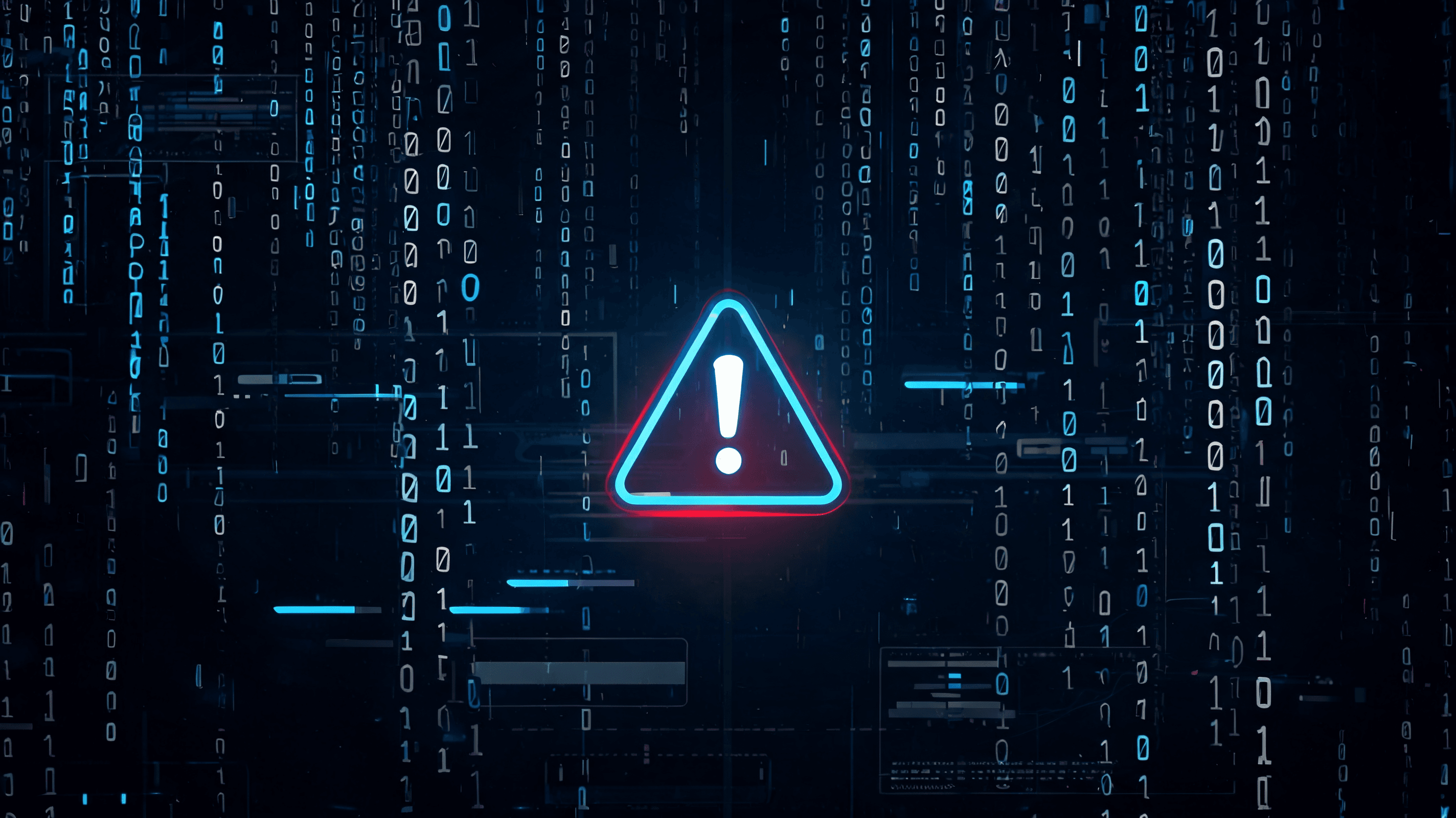 A dark digital interface glowing with blue and grey matrix code, featuring a stylized warning icon o
