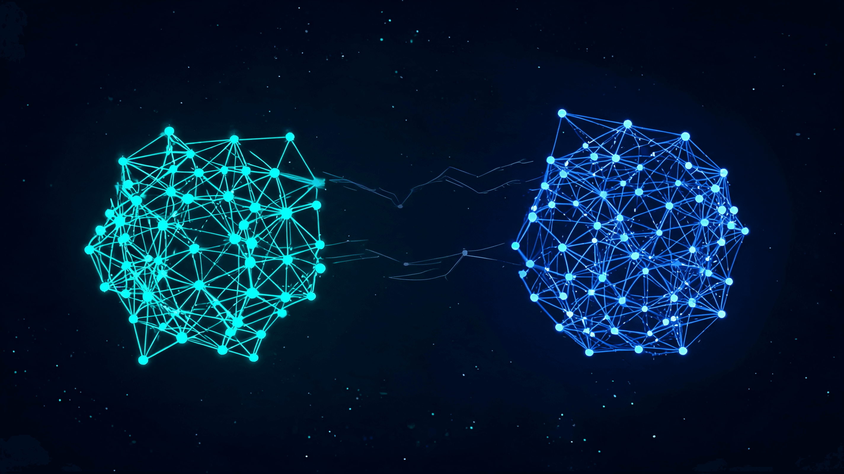 A conceptual, high-quality digital artwork showing two abstract, interconnected glowing networks slo