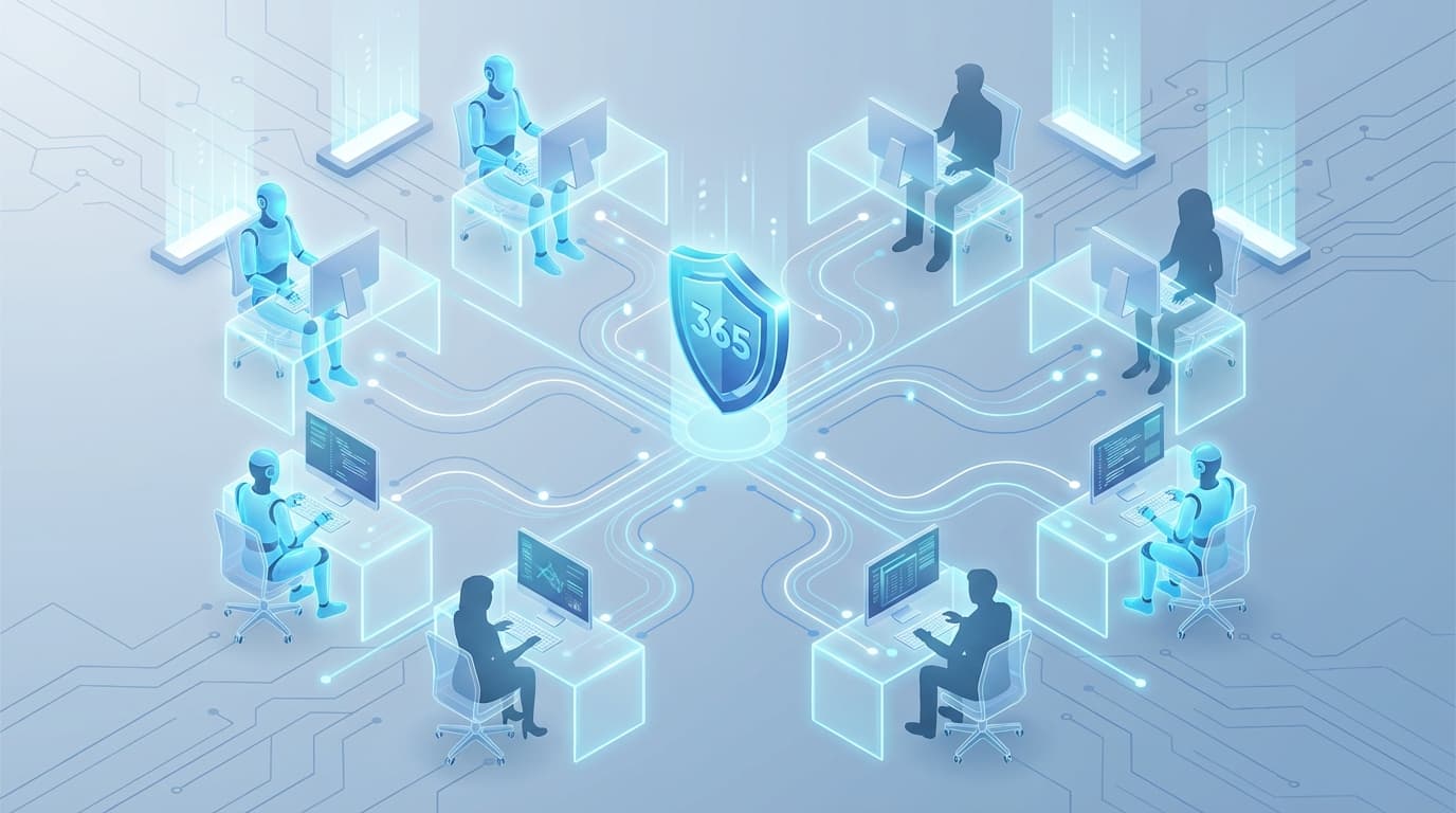 An isometric 3D illustration of a digital office floor where translucent blue robot avatars are work