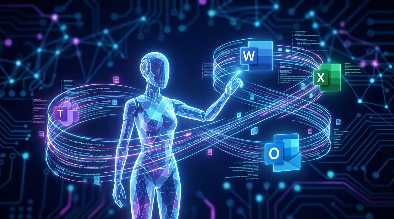 A sophisticated digital interface showing various Microsoft 365 icons (Word, Excel, Outlook) connect