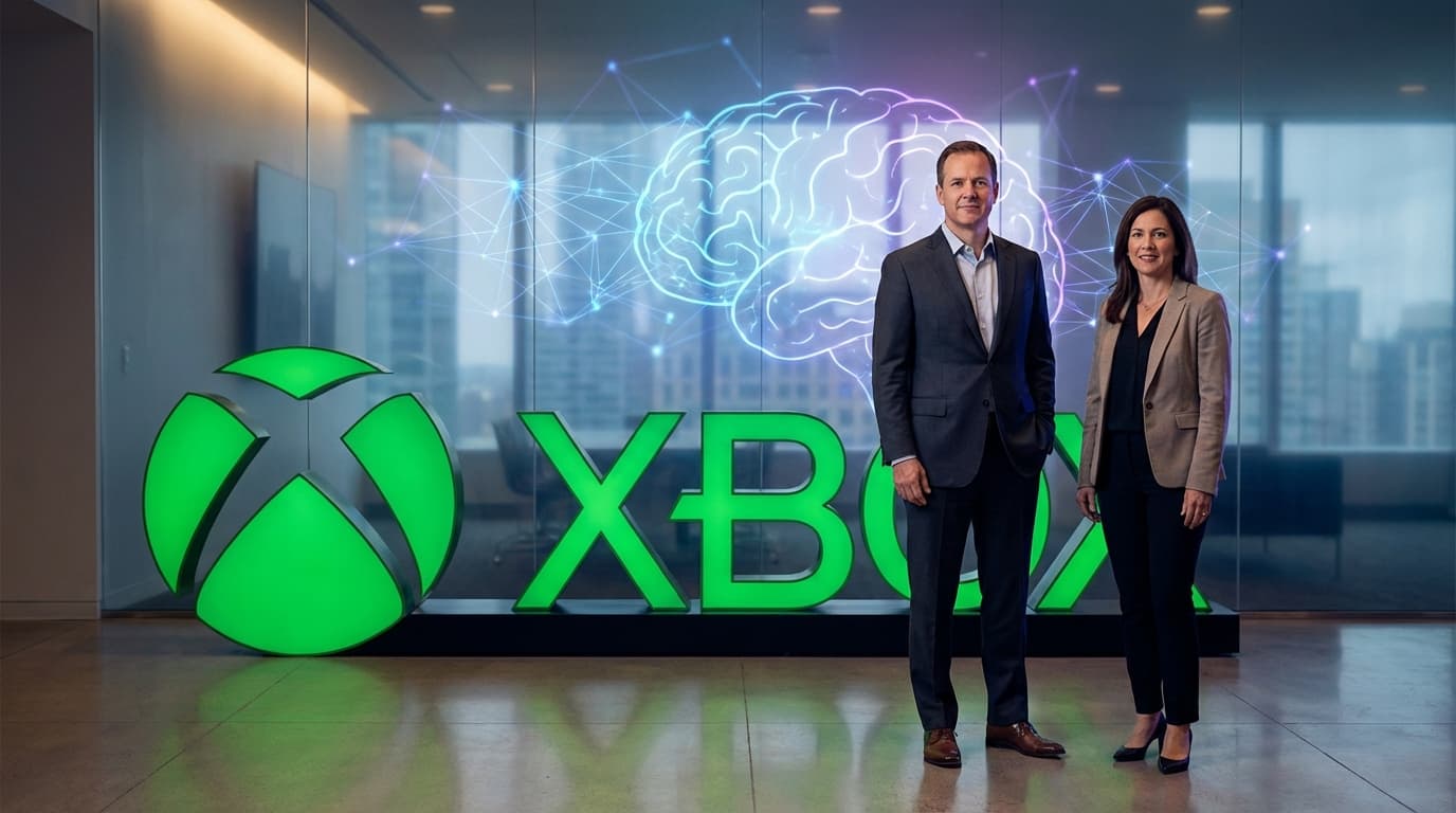 Phil Spencer and Sarah Bond standing in front of a giant Xbox logo, with a subtle digital AI brain o