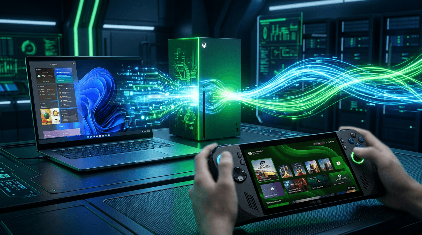 A cinematic high-tech scene showing a Windows 11 laptop and a futuristic Xbox console merging into a