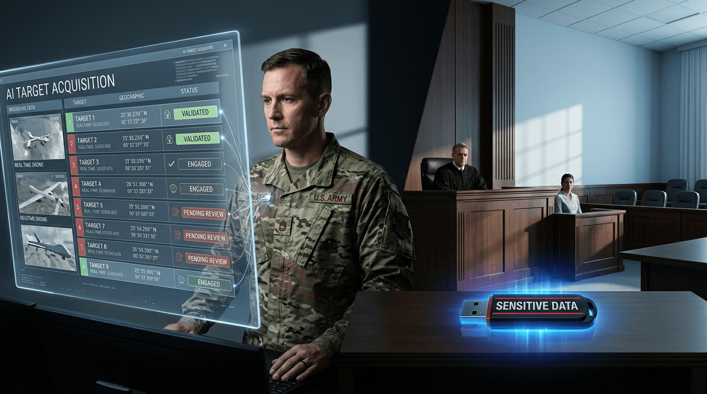 A high-tech military command center where a generative AI interface displays a list of targets on a