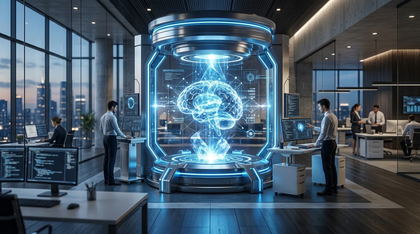 A modern corporate office with a digital forge glowing in the center, representing the creation of a