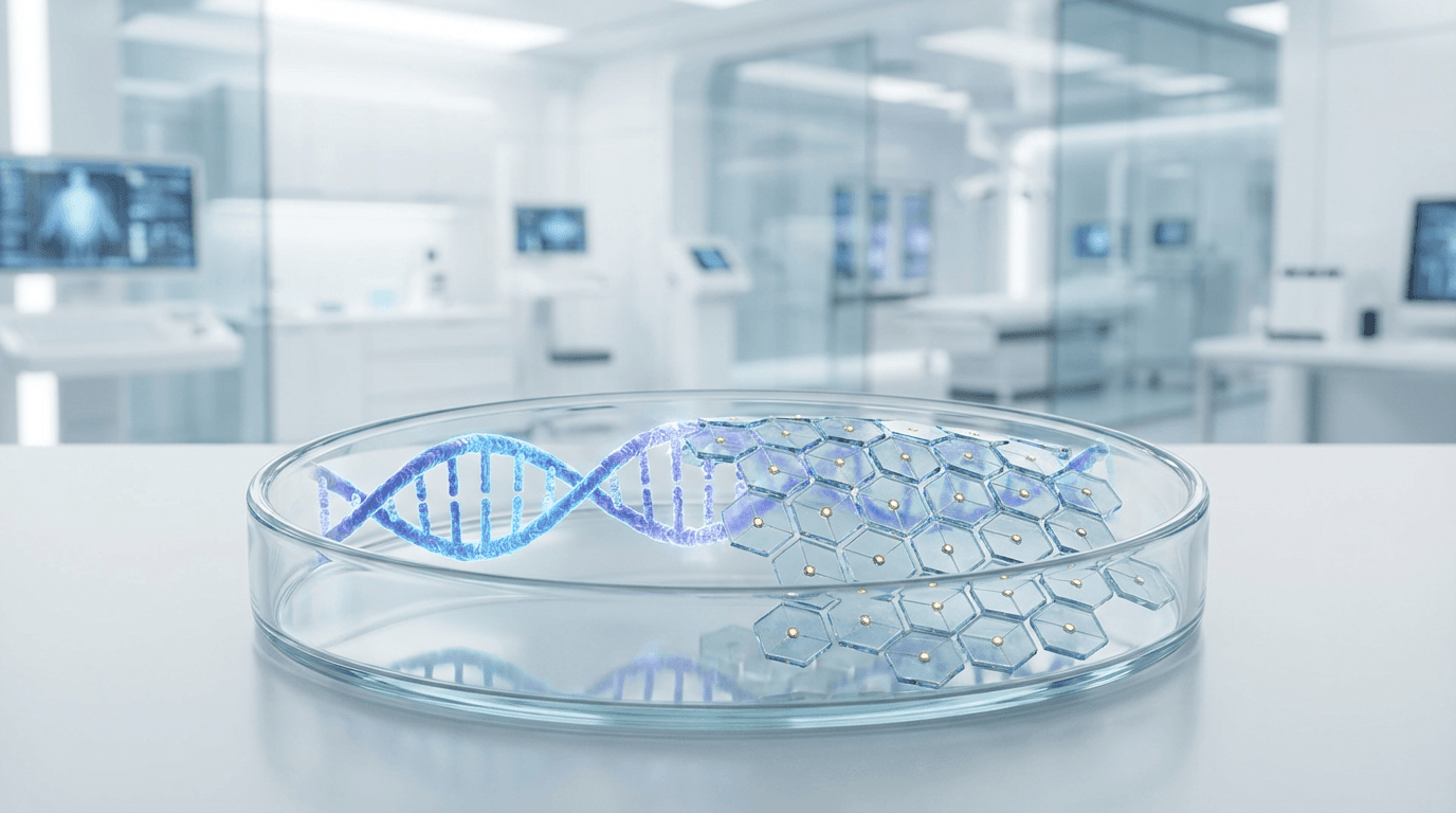 A double helix DNA strand morphing into a 3D geometric tile structure, with microscopic medical sens