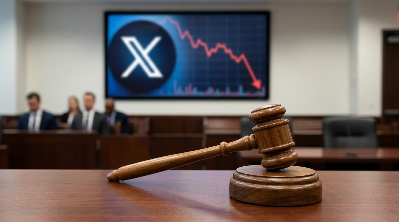 A courtroom scene with a wooden judge's gavel in the foreground, and a digital screen in the backgro